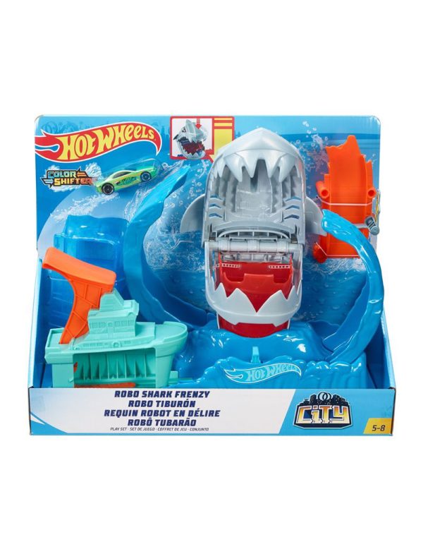 Hot Wheels Toy Car Track Set, Robo Shark Frenzy Playset & Color Shifters Car مسار سيارة القرش مع تغير لون السيارة